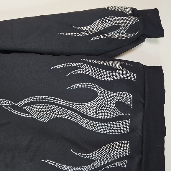Black Zip-Up Hoodie with Rhinestone Flame Design - Picture 8 of 12